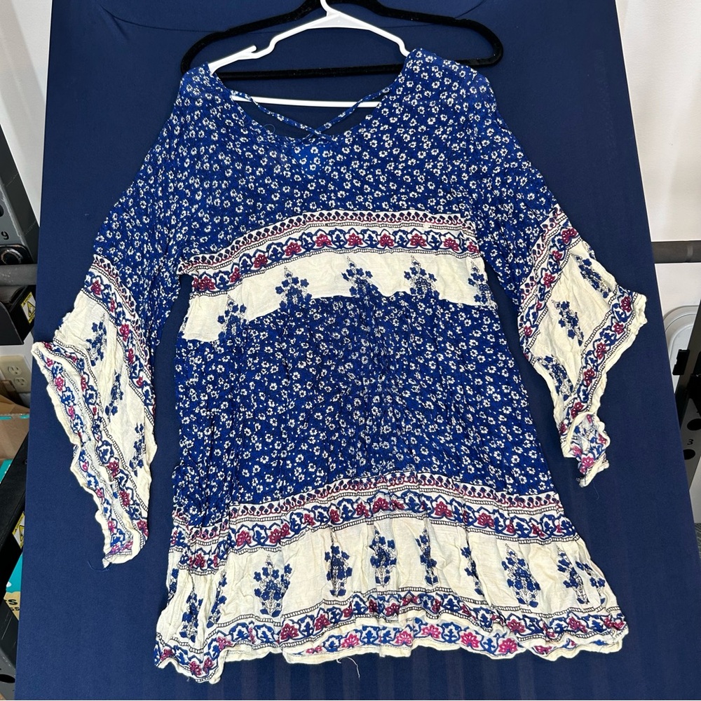 Boho Floral Blue‎ and Cream Dress Size Small